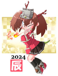 Rule 34 | 1girl, 2024, black skirt, black socks, breath weapon, breathing fire, brown eyes, brown hair, chinese zodiac, dragon horns, dragon tail, fire, highres, horns, japanese clothes, kantai collection, kariginu, long hair, long sleeves, looking at viewer, miniskirt, monster girl, one eye closed, open mouth, pleated skirt, ryuujou (kancolle), sharp teeth, shin (shin k009), skirt, socks, solo, tail, teeth, twintails, v, visor cap, year of the dragon