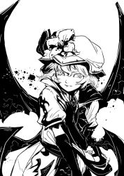 Rule 34 | 1girl, bad id, bad pixiv id, bat wings, elbow gloves, female focus, gloves, greyscale, hat, hounori, koumajou densetsu, koumajou densetsu 2, monochrome, remilia scarlet, short hair, solo, touhou, wings