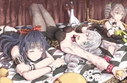 Rule 34 | 3girls, animal ears, bad id, bad pixiv id, bed, benghuai xueyuan, blue eyes, blue hair, bow, bronya zaychik (benghuai xueyuan), brown eyes, brown hair, card, cat ears, cat tail, closed eyes, curly hair, curtains, cyborg, detached collar, drill hair, fake animal ears, fishnet pantyhose, fishnets, hair bow, hair ornament, hairclip, honkai (series), jewelry, kiana kaslana (benghuai xueyuan), leotard, long hair, looking at viewer, lying, mechanical legs, multiple girls, on stomach, pantyhose, playboy bunny, playing card, rabbit ears, raiden mei (benghuai xueyuan), smile, star (symbol), stuffed animal, stuffed rabbit, stuffed toy, tail, thighhighs, twin drills, white hair, wrist cuffs, xiaochaibao