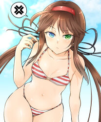 Rule 34 | 1girl, ahoge, anger vein, angry, bikini, black ribbon, blue eyes, blue sky, blush, breasts, brown hair, cleavage, cloud, collarbone, commentary request, cross-laced bikini, cross-laced clothes, day, frown, green eyes, groin, hair ribbon, hairband, heterochromia, kinako (mzknk0), long hair, looking at viewer, low twintails, outdoors, partial commentary, red bikini, red hairband, red stripes, ribbon, ryoubi (senran kagura), senran kagura, senran kagura shinovi versus, sidelocks, sky, small breasts, solo, spoken anger vein, standing, striped bikini, striped clothes, swimsuit, twintails, very long hair, white bikini, wide hips