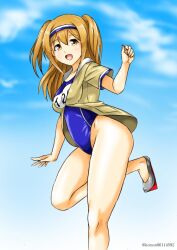 Rule 34 | 1girl, blue one-piece swimsuit, blue sky, breasts, brown eyes, clothes writing, cloud, cloudy sky, day, hairband, i-26 (kancolle), kantai collection, kudou (ooabareteng), large breasts, light brown hair, looking at viewer, name tag, new school swimsuit, old school swimsuit, one-piece swimsuit, sailor collar, school swimsuit, short sleeves, sky, solo, standing, standing on one leg, swimsuit, swimsuit under clothes, two-tone hairband, two side up