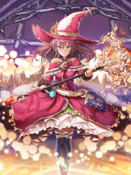 Rule 34 | 1girl, absurdres, bad id, bad pixiv id, black legwear, book, brown eyes, dress, flask, grimoire, h2o (dfo), hat, hat belt, highres, holding, holding staff, looking at viewer, magic circle, magical girl, original, pink hat, pink skirt, potion, skirt, solo, staff, standing, witch, witch hat