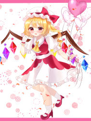 Rule 34 | 1girl, :d, absurdres, adapted costume, ascot, balloon, blonde hair, blush, fang, flandre scarlet, frills, full body, hat, heart, highres, huako31, looking at viewer, mary janes, mob cap, open mouth, puffy short sleeves, puffy sleeves, red eyes, red footwear, red skirt, shirt, shoes, short sleeves, simple background, skin fang, skirt, skirt set, smile, socks, solo, touhou, vest, white socks, wings, wrist cuffs