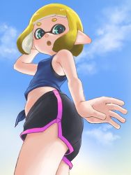 Rule 34 | 1girl, :o, ass, breasts, day, dondoruma, female focus, from below, gym shorts, highres, inkling player character, midriff, navel, nintendo, open mouth, outdoors, pointy ears, short shorts, shorts, small breasts, solo, splatoon (series)