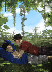 Rule 34 | 2boys, black hair, blue sweater, couple, denim, griffmon98, jeans, looking at another, lying on person, male focus, multiple boys, original, outdoors, pants, red shirt, shirt, short hair, sweater, tree, tree shade, yaoi