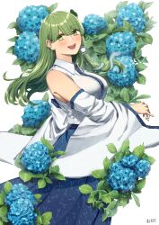 Rule 34 | 1girl, blue skirt, breasts, cowboy shot, detached sleeves, flower, frog, frog hair ornament, green eyes, green hair, hair ornament, hair tubes, highres, kochiya sanae, large breasts, long hair, looking at viewer, nontraditional miko, open mouth, shirt, signature, single hair tube, skirt, smile, snake, snake hair ornament, solo, tebukuro withana, touhou, white background