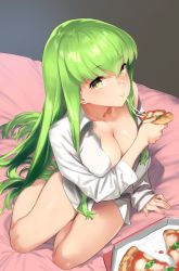 Rule 34 | 1girl, 92m, bed, bed sheet, bottomless, breasts, c.c., cleavage, code geass, collarbone, food, green hair, highres, holding, holding food, holding pizza, long hair, looking at viewer, no bra, pizza, pizza box, pizza slice, shirt, sidelocks, sitting, solo, white shirt, yellow eyes, yokozuwari