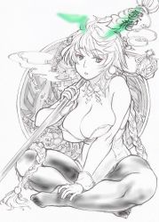 Rule 34 | 10s, 1girl, alternate costume, antlers, asymmetrical hair, bare shoulders, braid, breasts, character name, hair ornament, hand on leg, horns, indian style, jitome, kantai collection, koji aotokage, large breasts, leotard, long hair, looking at viewer, monochrome, off shoulder, pantyhose, parted lips, playboy bunny, single braid, sitting, sketch, solo, staff, unryuu (kancolle), very long hair