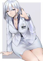 Rule 34 | 1girl, absurdres, arm support, bandaged neck, bandages, breasts, cleavage, collared shirt, formal, girls&#039; frontline, grey background, grey blazer, grey skirt, hair behind ear, highres, id card, kyoyakyo, large breasts, miniskirt, pale skin, parted lips, purple eyes, purple shirt, rpk-16 (girls&#039; frontline), rpk-16 (renate) (girls&#039; frontline), shirt, short hair, silver hair, sitting, skirt, skirt suit, solo, suit, thighs