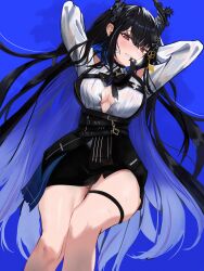 Rule 34 | 1girl, absurdres, arms up, belt, black belt, black hair, blue background, blue hair, breasts, cleavage, colored inner hair, demon horns, grin, highres, hololive, hololive english, horns, large breasts, long hair, lying, mole, mole on thigh, mole under eye, mouth hold, multicolored hair, multiple belts, nerissa ravencroft, nerissa ravencroft (1st costume), on back, red eyes, smile, solo, sweat, teeth hold, thigh strap, thighs, very long hair, virtual youtuber, xsilentred