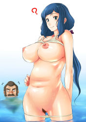 Rule 34 | 10s, 1boy, 1girl, bad id, bad pixiv id, belly, bikini, bikini pull, bikini top lift, blood, blue hair, breasts, clothes lift, clothes pull, facial hair, green eyes, gundam, gundam build fighters, highres, huge breasts, iori rinko, large breasts, long hair, looking at viewer, mature female, mustache, navel, nipples, nosebleed, nude, partially submerged, ponytail, pubic hair, pussy, ral-san, ramba ral, swimsuit, tuna21, uncensored, very long hair, wading, water