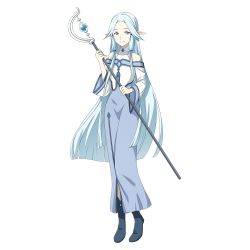 Rule 34 | 1girl, blue dress, blue eyes, blue footwear, blue hair, boots, closed mouth, collarbone, dress, floating hair, full body, highres, holding, holding staff, long dress, long hair, long sleeves, looking at viewer, official art, pointy ears, siune (sao), smile, solo, staff, standing, straight hair, strapless, strapless dress, sword art online, transparent background, tube dress, very long hair