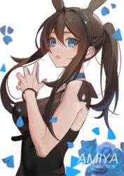 Rule 34 | 1girl, amiya (arknights), animal ears, arknights, armband, bare shoulders, black shirt, blue choker, blue eyes, blue flower, bracelet, breasts, character name, choker, commentary, commentary request, english commentary, expressionless, eyebrows, flower, head tilt, henz, highres, jewelry, long hair, looking at viewer, mixed-language commentary, own hands together, parted lips, petals, ponytail, rabbit ears, shirt, sidelocks, sleeveless, sleeveless shirt, solo, white background