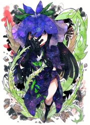 Rule 34 | 1girl, bamboo shoot, black gloves, black hair, china dress, chinese clothes, dress, flower, flower on head, gloves, itomugi-kun, long hair, open mouth, plant, purple dress, purple eyes, purple flower, short sleeves, smile, solo, touhou, vine print, vines, yomotsu hisami