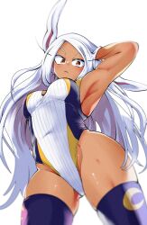Rule 34 | 1girl, absurdres, animal ears, arm behind head, arm up, armpits, boku no hero academia, breasts, commentary request, covered navel, crescent print, dark-skinned female, dark skin, from below, highleg, highleg swimsuit, highres, long eyelashes, long hair, looking at viewer, medium breasts, mirko, multicolored clothes, multicolored swimsuit, nstime23, one-piece swimsuit, parted bangs, purple thighhighs, rabbit ears, rabbit girl, red eyes, solo, swimsuit, thick thighs, thighhighs, thighs, toned, very long hair, white background, white hair, wide hips
