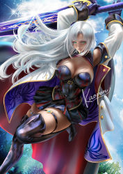 Rule 34 | 1girl, aqua eyes, armpits, arms up, bodice, boots, breasts, cleavage, commission, holding, holding sword, holding weapon, jacket, kaopon, knee boots, large breasts, long hair, looking at viewer, open clothes, open jacket, original, parted bangs, parted lips, silver hair, skeb commission, skindentation, smile, solo, sword, thigh strap, weapon