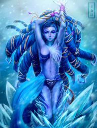 Rule 34 | 00s, 1girl, arms up, blue hair, blue skin, breasts, colored skin, final fantasy, final fantasy x, dreadlocks, ice, joycelyn ong, looking at viewer, navel, shiva (final fantasy), snow, snowing, solo, stomach