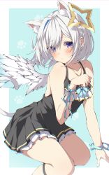 Rule 34 | 1girl, absent, absurdres, amane kanata, angel wings, animal ear fluff, animal ears, bare arms, black dress, blue hair, blush, cat ears, cat tail, closed mouth, dress, eyes visible through hair, feet out of frame, halo, highres, hololive, looking at viewer, medium hair, multicolored hair, paw pose, ribbon, simple background, sleeveless, sleeveless dress, solo, star halo, streaked hair, tail, virtual youtuber, white hair, wings, wrist ribbon