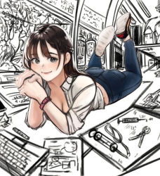 Rule 34 | 1girl, ass, azelweien, bed, blouse, breasts, brown eyes, brown hair, computer, cup, dated commentary, desk, drawing, highres, indoors, long hair, looking at viewer, lying, medium breasts, monitor, notebook, on stomach, original, pants, paper, partially colored, shirt, sketch, smile, solo, the pose, traditional media, white shirt, writing