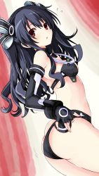 Rule 34 | 1girl, ass, belly, black hair, black sister, blush, bodysuit, breasts, butt crack, choujigen game neptune mk2, detached sleeves, dress, ears, elbow gloves, gloves, hair ornament, hair ribbon, highres, iwashi dorobou -r-, long hair, looking at viewer, midriff, neck, neptune (series), nervous, open mouth, power symbol, red background, red eyes, revealing clothes, ribbon, sideboob, small breasts, solo, thighs, tsundere, twintails, two side up, uni (neptunia), unsure, white hair