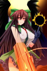 Rule 34 | 1girl, arm cannon, ball, between breasts, black hair, black sun, blue gloves, blush, breasts, brooch, cowboy shot, dark, covered erect nipples, fire, fire, gem, gloves, green skirt, highres, index finger raised, jewelry, large breasts, looking at viewer, magic, parmiria, red eyes, reiuji utsuho, shirt, skirt, sleeveless, smile, smirk, sun, symbol-shaped pupils, touhou, weapon, white shirt, wings