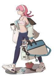 Rule 34 | 1girl, absurdres, arknights, bag, black pants, blue eyes, blue poison (arknights), blue poison (shoal beat) (arknights), braid, cat, choker, collarbone, cup, disposable cup, earrings, hairband, highres, holding, holding bag, holding cup, jacket, jewelry, long hair, midriff, navel, off shoulder, official alternate costume, open clothes, open jacket, pants, parted lips, pink choker, pink hair, plant, potted plant, shoes, simple background, solo, spaghetti strap, sports bra, twin braids, twintails, two-sided fabric, two-sided jacket, walking, white background, white footwear, white hairband, white jacket, white sports bra, yibingxigua (894 yuko)