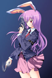 Rule 34 | 1girl, animal ears, bad id, bad pixiv id, dual wielding, female focus, finger on trigger, gradient background, gun, handgun, highres, holding, long hair, pico (picollector79), pink hair, pistol, purple hair, rabbit ears, red eyes, reisen udongein inaba, revolver, semi-automatic firearm, simple background, skirt, smoke, solo, touhou, weapon
