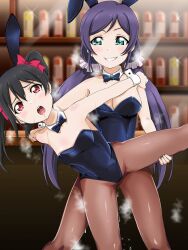 Rule 34 | 2girls, animal ears, aqua eyes, bar (place), black bow, black bowtie, black hair, black leotard, bow, bowtie, breasts, brown pantyhose, cleavage, commission, counter, detached collar, flat chest, hair ornament, hair scrunchie, highres, leotard, long hair, love live!, love live! school idol project, low twintails, matching hairstyle, medium breasts, multiple girls, pantyhose, parted bangs, playboy bunny, purple hair, rabbit ears, red eyes, scrunchie, skeb commission, split, standing, standing on one leg, standing split, steaming body, strap slip, swept bangs, to yoshiyoshi, tojo nozomi, twintails, water drop, wrist cuffs, yazawa nico