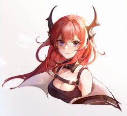 Rule 34 | 1girl, absurdres, arknights, bare shoulders, breasts, cleavage, commentary, cropped torso, detached collar, eyulam, grey background, hair between eyes, highres, horns, long hair, looking at viewer, medium breasts, purple eyes, red hair, smile, solo, surtr (arknights), upper body