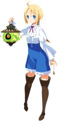 Rule 34 | 1girl, ahoge, blonde hair, blue eyes, blue skirt, boots, brown footwear, eureka de soleil, full body, galleria no chika meikyuu to majo no ryodan, harada takehito, holding, long hair, long sleeves, low ponytail, official art, skirt, smile, solo, standing, thigh boots, thighhighs, transparent background