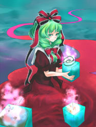 Rule 34 | 1girl, bags under eyes, blush, bow, female focus, fire, fire, floating, floating object, front ponytail, green eyes, green hair, hair bow, kagiyama hina, lantern, lantern on liquid, looking at viewer, matching hair/eyes, mugishima orie, paper lantern, puffy short sleeves, puffy sleeves, red bow, river, short sleeves, sitting, solo, spiral, touhou, water