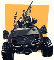 Rule 34 | 4boys, black hair, blonde hair, car, commentary request, driving, final fantasy, final fantasy xv, gatling gun, gladiolus amicitia, glasses, gun, handgun, ignis scientia, license plate, looking at viewer, mad369, male focus, monster truck, motor vehicle, multiple boys, noctis lucis caelum, prompto argentum, revolver, rocket launcher, rpg (weapon), sleeveless, smile, spiked hair, submachine gun, tattoo, thompson submachine gun, vehicle focus, weapon