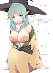 Rule 34 | 1girl, absurdres, aqua eyes, aqua hair, bad id, bad pixiv id, bare shoulders, between breasts, blush, breasts, front ponytail, hat, highres, large breasts, long hair, magi the labyrinth of magic, open mouth, petagon, shell, shell bikini, sitting, solo, witch hat, yamuraiha