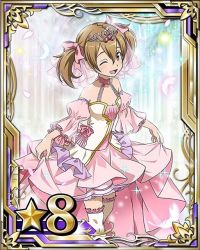 Rule 34 | 10s, bare shoulders, bow, breasts, brown eyes, brown hair, card (medium), cleavage, hair between eyes, hair bow, one eye closed, open mouth, pink bow, short hair, short twintails, silica, skirt, skirt hold, small breasts, solo, star (symbol), sword art online, thighhighs, twintails