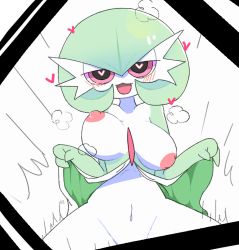 Rule 34 | 1girl, :3, blush, bouncing breasts, breasts, breath, collarbone, creatures (company), female focus, game freak, gardevoir, gen 3 pokemon, green hair, hair between eyes, half-closed eyes, hands up, heart, heart-shaped pupils, large breasts, lifting own clothes, looking at viewer, loveboxf, navel, nintendo, nipples, open mouth, out-of-frame censoring, pokemon, pokemon (creature), red eyes, short hair, signature, simple background, smile, solo, spread legs, symbol-shaped pupils, trembling, white background