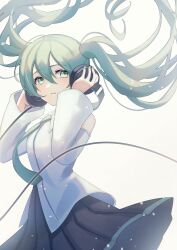 Rule 34 | 1girl, absurdres, blush, cable, detached sleeves, floating hair, green eyes, green hair, hands on headphones, hatsune miku, headphones, headphones around neck, highres, long hair, long sleeves, looking at viewer, nail polish, necktie, parted lips, pleated skirt, shirt, skirt, sleeveless, sleeveless shirt, solo, tsumurimai, twintails, very long hair, vocaloid