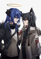Rule 34 | 2girls, animal ear fluff, animal ears, arknights, asymmetrical gloves, black gloves, black hair, black shirt, blue hair, chinese commentary, commentary request, demon horns, fur-trimmed hood, fur-trimmed sleeves, fur trim, gloves, green eyes, halo, hand on another&#039;s chin, hibioes, highres, hood, hooded jacket, horns, implied yuri, jacket, long hair, mismatched gloves, mostima (arknights), multiple girls, official alternate costume, open clothes, open jacket, red gloves, shirt, texas (arknights), texas (winter messenger) (arknights), white gloves, white shirt, wolf ears, wolf girl, yellow eyes