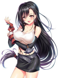 Rule 34 | 1girl, :d, bare shoulders, belt, blush, breasts, earrings, final fantasy, final fantasy vii, fingerless gloves, gloves, highres, jewelry, large breasts, long hair, looking at viewer, low-tied long hair, midriff, miniskirt, open mouth, pencil skirt, red eyes, senri gan, skirt, smile, solo, suspender skirt, suspenders, tank top, tifa lockhart, very long hair, white background