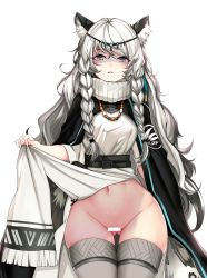 Rule 34 | 1girl, absurdres, animal ear fluff, animal ears, arknights, ateoyh, bad id, bad pixiv id, bar censor, belt, belt buckle, black belt, black capelet, blush, braid, breasts, buckle, capelet, censored, clothes lift, commentary request, cowboy shot, dress, female focus, fringe trim, gluteal fold, grey eyes, groin, hair between eyes, hair ornament, hand up, headpiece, highres, leopard ears, leopard girl, lifting own clothes, long hair, long sleeves, looking at viewer, narrow waist, navel, parted lips, pelvic curtain, pramanix (arknights), pussy, side braids, simple background, skirt, skirt hold, skirt lift, solo, standing, stomach, thighhighs, turtleneck, turtleneck dress, twin braids, very long hair, wavy hair, white background, white hair, wide hips, wide sleeves