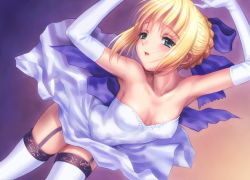 Rule 34 | 00s, 1girl, artoria pendragon (all), artoria pendragon (fate), blonde hair, corrupted metadata, dress, elbow gloves, fate/stay night, fate (series), garter straps, gloves, green eyes, lace, lace-trimmed legwear, lace trim, official alternate costume, ribbon, saber (fate), solo, thighhighs, white gloves