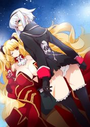 Rule 34 | 2girls, anne bonny (fate), ass, belt, black gloves, black jacket, black legwear, black skirt, blonde hair, blue eyes, breasts, cleavage, cowboy shot, detached collar, detached sleeves, dutch angle, elbow patches, fate/grand order, fate (series), frilled legwear, frills, from behind, from below, gloves, hair ornament, hair scrunchie, hairband, huge breasts, jacket, leotard, leotard peek, long hair, long sleeves, looking at viewer, low neckline, mary read (fate), multiple girls, one eye closed, pantyhose, pencil skirt, pirate, red eyes, red jacket, scar, scar on face, scrunchie, side slit, skirt, skull and crossbones, sky, small breasts, smile, star (sky), starry sky, thighhighs, two side up, very long hair, white hair, white leotard, yakan (kusogaki teikoku)