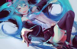 Rule 34 | 1girl, aqua eyes, aqua hair, aqua necktie, bare shoulders, black footwear, black skirt, black sleeves, black thighhighs, breasts, commentary, detached sleeves, hair ornament, hand on own chest, hatsune miku, highres, long hair, looking at viewer, lying, necktie, on back, open mouth, qq orikou, reaching, reaching towards viewer, shirt, shoes, skirt, sleeveless, sleeveless shirt, small breasts, smile, solo, thighhighs, twintails, very long hair, vocaloid, white shirt