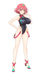 Rule 34 | 1girl, absurdres, black one-piece swimsuit, breasts, chest jewel, competition swimsuit, covered collarbone, covered navel, feichu keju, gem, headpiece, highres, large breasts, one-piece swimsuit, paid reward available, pyra (pro swimmer) (xenoblade), pyra (xenoblade), red eyes, red hair, red one-piece swimsuit, ribbed swimsuit, short hair, solo, strapless, strapless one-piece swimsuit, striped clothes, striped one-piece swimsuit, swept bangs, swimsuit, tiara, two-tone swimsuit, vertical-striped clothes, vertical-striped one-piece swimsuit, xenoblade chronicles (series), xenoblade chronicles 2