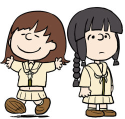 Rule 34 | 2girls, black hair, blazer, blunt bangs, braid, brown hair, charles schulz (style), chibi, couple, expressionless, hime cut, jacket, kantai collection, kitakami (kancolle), kitakami kai ni (kancolle), long hair, long sleeves, machimote taikou, multiple girls, navel, ooi (kancolle), ooi kai ni (kancolle), parody, peanuts (comic), personification, school uniform, serafuku, short hair, sidelocks, simple background, skirt, smile, standing, toon (style), twintails, white background, world war ii