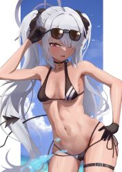 Rule 34 | 1girl, absurdres, adjusting eyewear, armpits, belt, bikini, black bikini, black choker, black gloves, blue archive, blue sky, breasts, choker, cleavage, cloud, cloudy sky, collarbone, commentary request, crane666, dark-skinned female, dark skin, demon girl, demon tail, gloves, grey hair, hair over one eye, halo, hand on own hip, highres, holding, holding removed eyewear, iori (blue archive), iori (swimsuit) (blue archive), leaning forward, long hair, looking at viewer, medium breasts, navel, official alternate costume, outdoors, parted bangs, pendant choker, pointy ears, red eyes, ribbon choker, sidelocks, sky, solo, stomach, sunglasses, swimsuit, tail, thigh belt, thigh strap, twintails, unworn eyewear