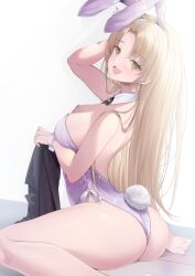 Rule 34 | 1girl, absurdres, alternate costume, animal ears, ass, blonde hair, breasts, detached collar, fake animal ears, fake tail, green eyes, highres, kurage cc, leotard, looking at viewer, medium breasts, nijisanji, open mouth, playboy bunny, purple leotard, rabbit ears, rabbit tail, sister claire, smile, solo, strapless, strapless leotard, tail, virtual youtuber, wrist cuffs