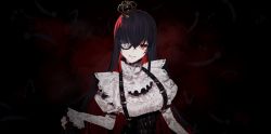 Rule 34 | 1girl, bad id, bad pixiv id, belt, black hair, crown, dress, eyepatch, highres, lace, lace-trimmed dress, lace trim, lips, looking at viewer, mini crown, naomasap, original, parted lips, red eyes, solo, upper body