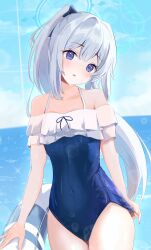 Rule 34 | 1girl, absurdres, beach, blue archive, blue hair, blue halo, blue one-piece swimsuit, blue sky, commentary request, covered navel, cowboy shot, frilled one-piece swimsuit, frills, halo, head tilt, highres, light blue hair, long hair, looking at viewer, miyako (blue archive), miyako (swimsuit) (blue archive), ocean, off-shoulder one-piece swimsuit, off shoulder, official alternate costume, official alternate hairstyle, one-piece swimsuit, open mouth, outdoors, ponytail, purple eyes, school swimsuit, sky, solo, swimsuit, teritama (teritama house), very long hair, wet, wet clothes, wet swimsuit
