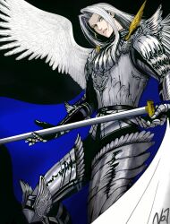 Rule 34 | 1boy, alternate costume, armor, armored boots, belt, black background, black belt, black pants, blue cape, boots, breastplate, cape, cowboy shot, feathered wings, final fantasy, final fantasy vii, full armor, green eyes, grey hair, highres, holding, holding sword, holding weapon, long bangs, long hair, looking at viewer, male focus, metal gloves, pants, parted bangs, parted lips, sephiroth, sephirothcopy7, signature, single wing, slit pupils, solo, sword, two-tone cape, weapon, white cape, white wings, wings