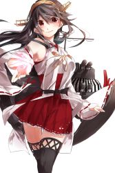 Rule 34 | 10s, 1girl, bare shoulders, black hair, black thighhighs, detached sleeves, artistic error, hairband, haruna (kancolle), highres, japanese clothes, kantai collection, long hair, machinery, miwano rag, nontraditional miko, petals, ragu (myan nyan), red eyes, red skirt, simple background, skirt, smile, solo, striped, thighhighs, turret, white background, wrong hand